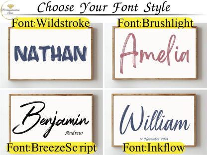 Font style options for custom baby name signs, showing four styles: Wildstroke, Brushlight, BreezeScript, and Inkflow, each displayed with a sample name.