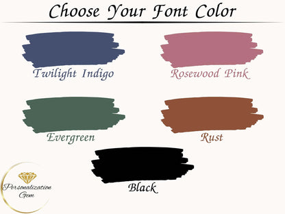 Font color options for personalized baby name signs, with swatches of Twilight Indigo, Rosewood Pink, Evergreen, Rust, and Black for selection.