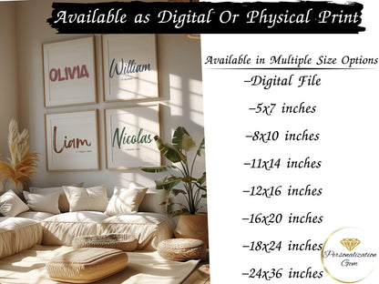 Wall display of framed baby name signs in brush font style, available in digital or physical print with multiple size options listed on the side.