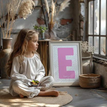 Young girl sitting next to a personalized pink initial name sign with dotted background for Emily, styled in a cozy, rustic nursery decor