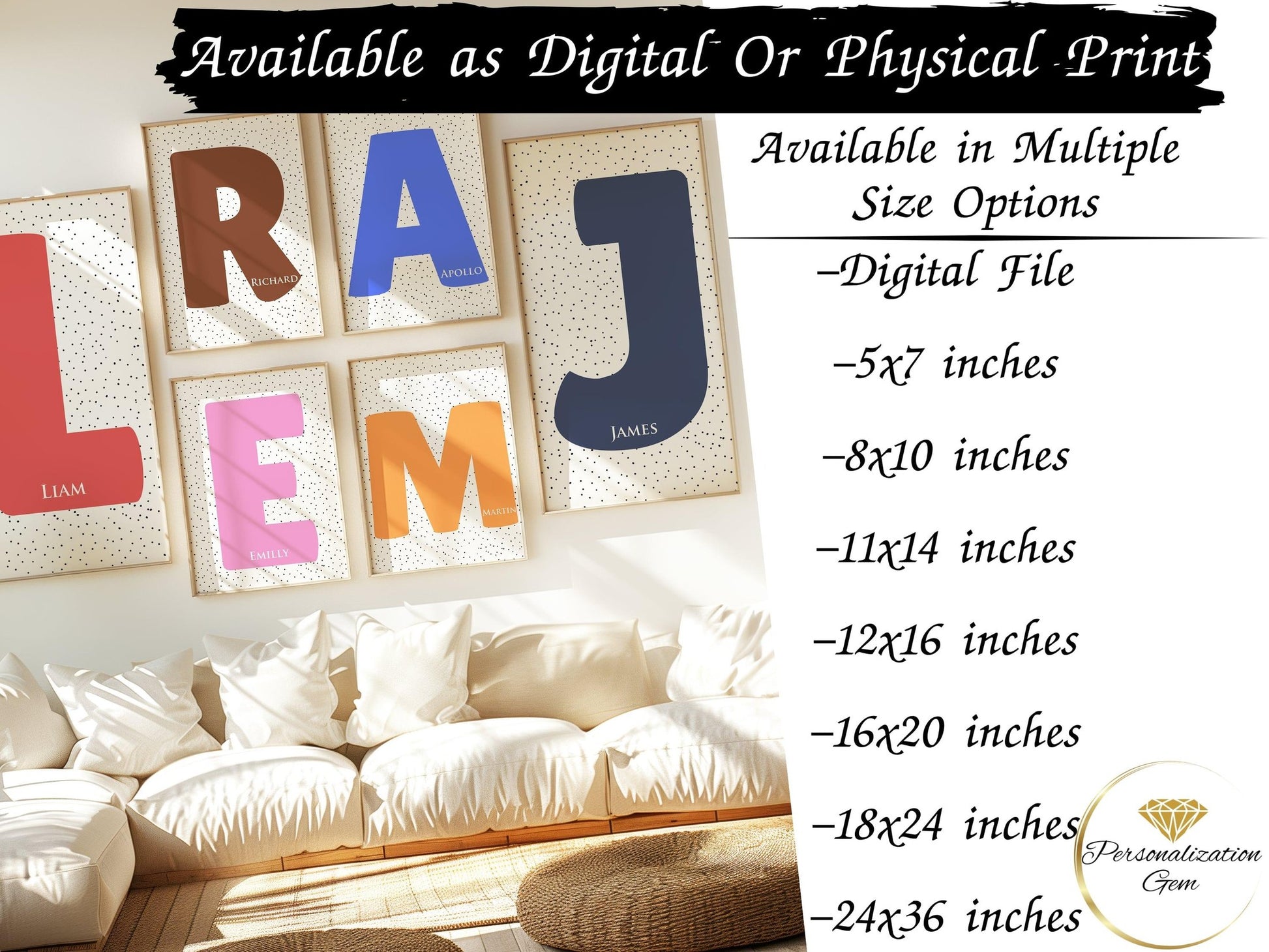 Custom nursery name sign gallery showing initials L, R, A, J, E, and M with dotted backgrounds, available in digital and physical print options and multiple sizes