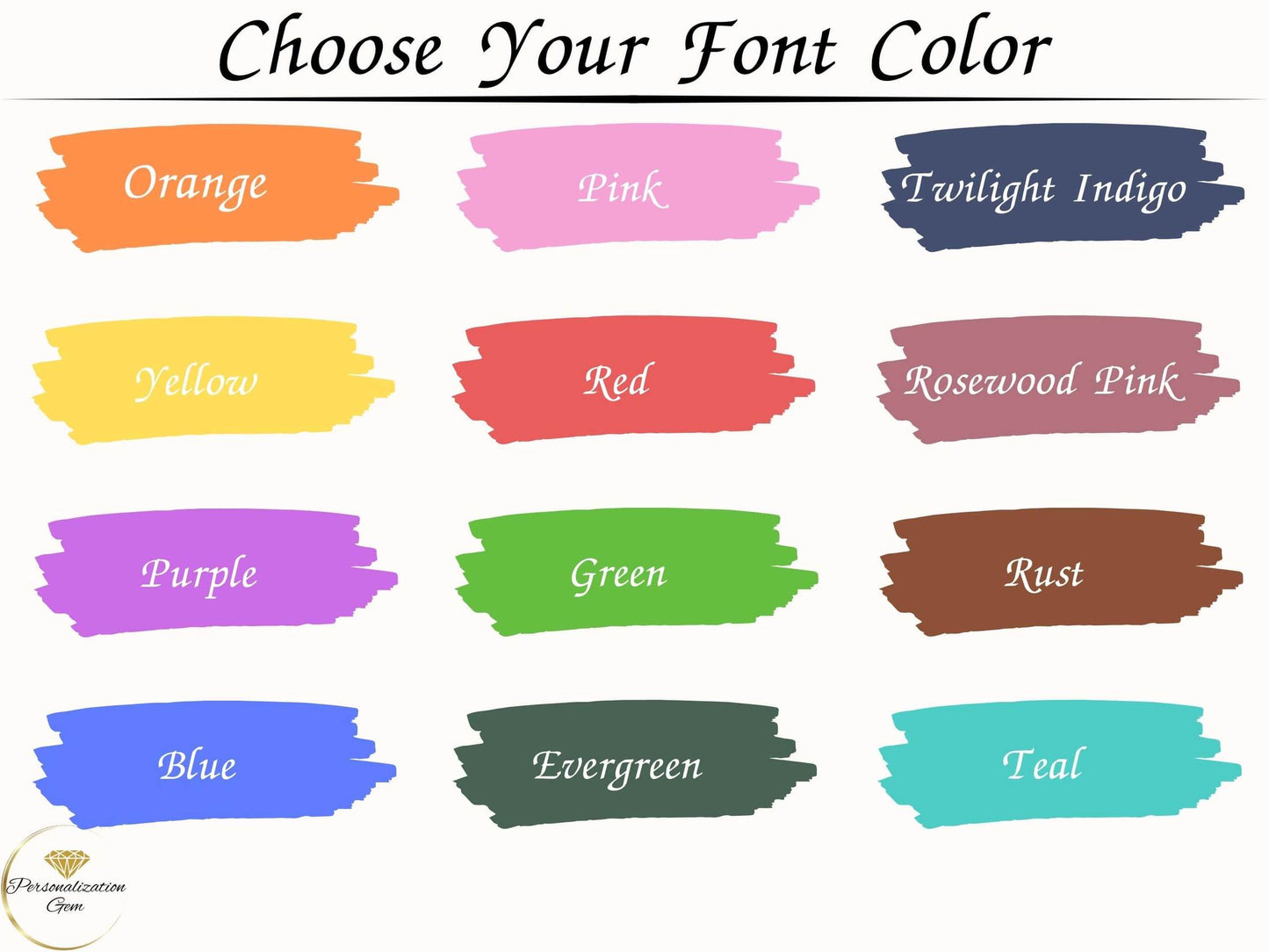 Font color options for custom nursery name signs including orange, pink, twilight indigo, yellow, red, rosewood pink, purple, green, rust, blue, evergreen, and teal