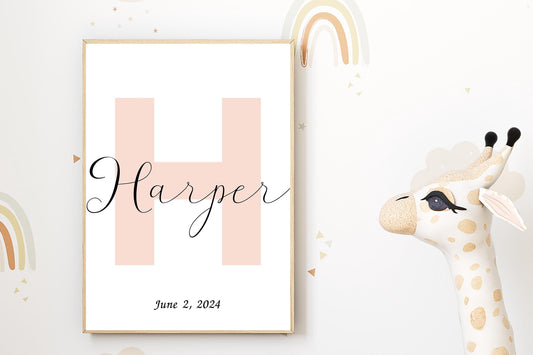 Minimalist custom birth print for nursery featuring a large initial and name with birth date. Great as a baby shower gift or above crib sign.