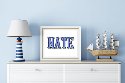 Nautical-themed nursery with custom baby name sign in blue, ideal for nursery letters decor or as a baby shower gift for new parents.