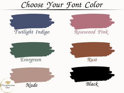 Font color options for custom baby name signs including Twilight Indigo, Rosewood Pink, Evergreen, Rust, Nude, and Black, ideal for custom nursery decor or nursery wall art.