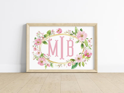 Framed custom floral nursery decor with initials in blush pink, surrounded by detailed wildflower arrangements, perfect for boho nursery decor, personalized gifts, or baby shower presents.