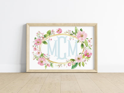 Personalized wildflower name sign with initials in pastel blue, elegantly framed by soft floral designs, ideal for nursery wall art, baby shower gifts, and floral nursery decor.