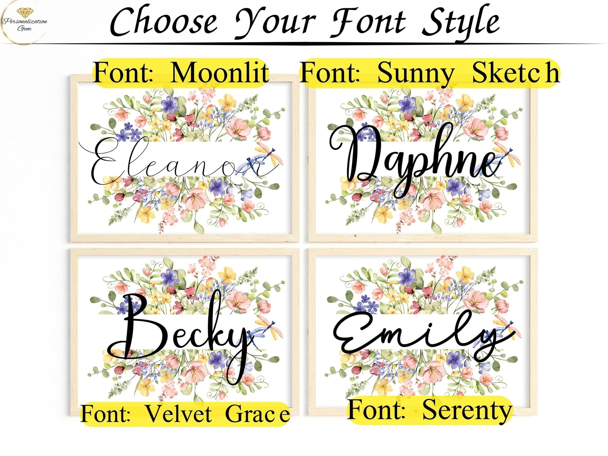 An image showcasing multiple font options for custom name signs surrounded by elegant wildflowers, highlighting personalization and boho nursery decor styles.