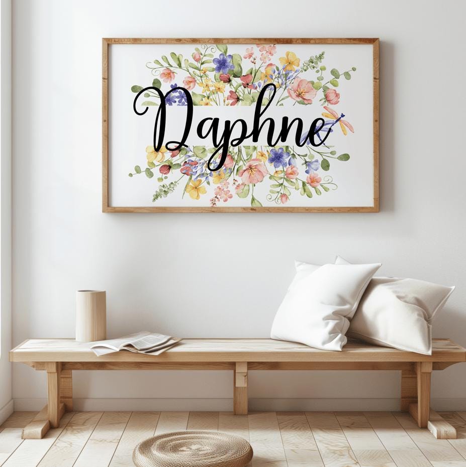 A framed floral name sign featuring delicate wildflowers, perfect for custom nursery decorations and unique baby shower gifts.