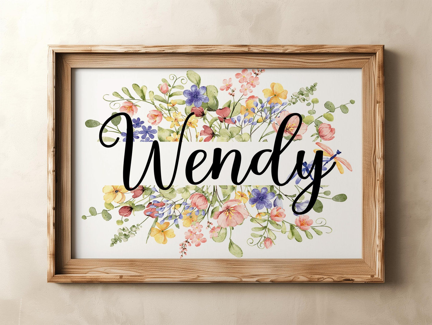 A close-up of a wildflower name sign with a wooden frame, showcasing vibrant floral details and custom typography, perfect for nursery decorations and newborn gifts.