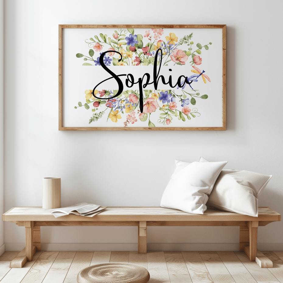 A modern and minimalistic room with a custom floral name sign in a wooden frame, ideal for wildflower nursery themes and personalized baby gifts.