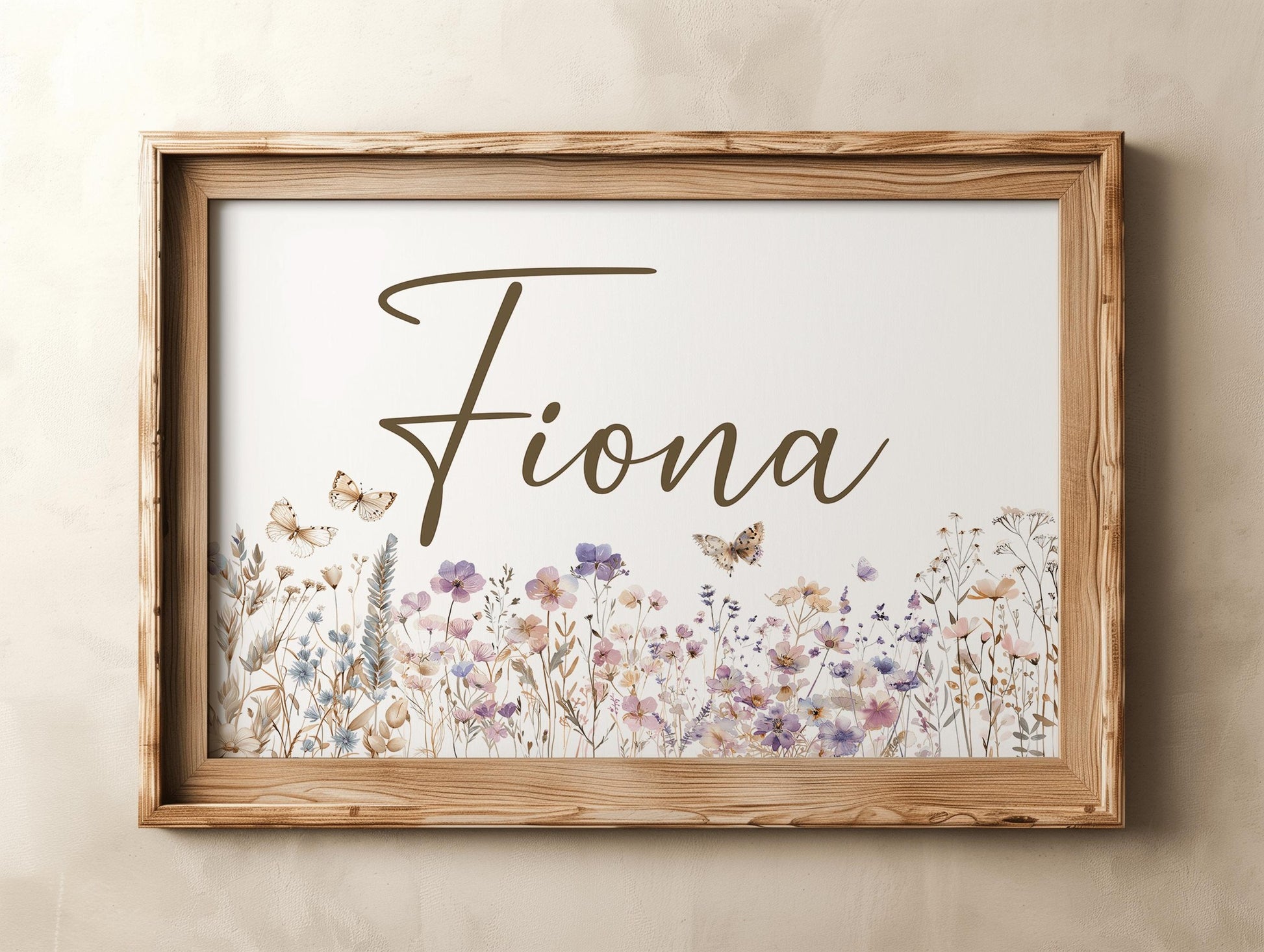 Rustic framed wildflower name sign with butterflies, a perfect custom nursery decor piece or personalized baby gift.