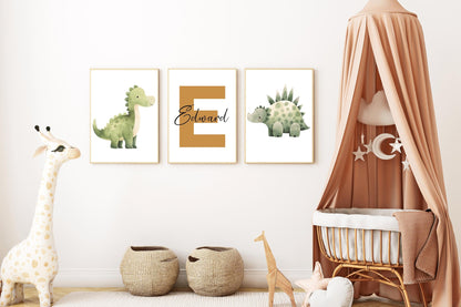 Dinosaur nursery art set with soft, earthy tones and customizable name prints. Ideal for boys&#39; nursery decor, dinosaur themes, or unique baby gifts.