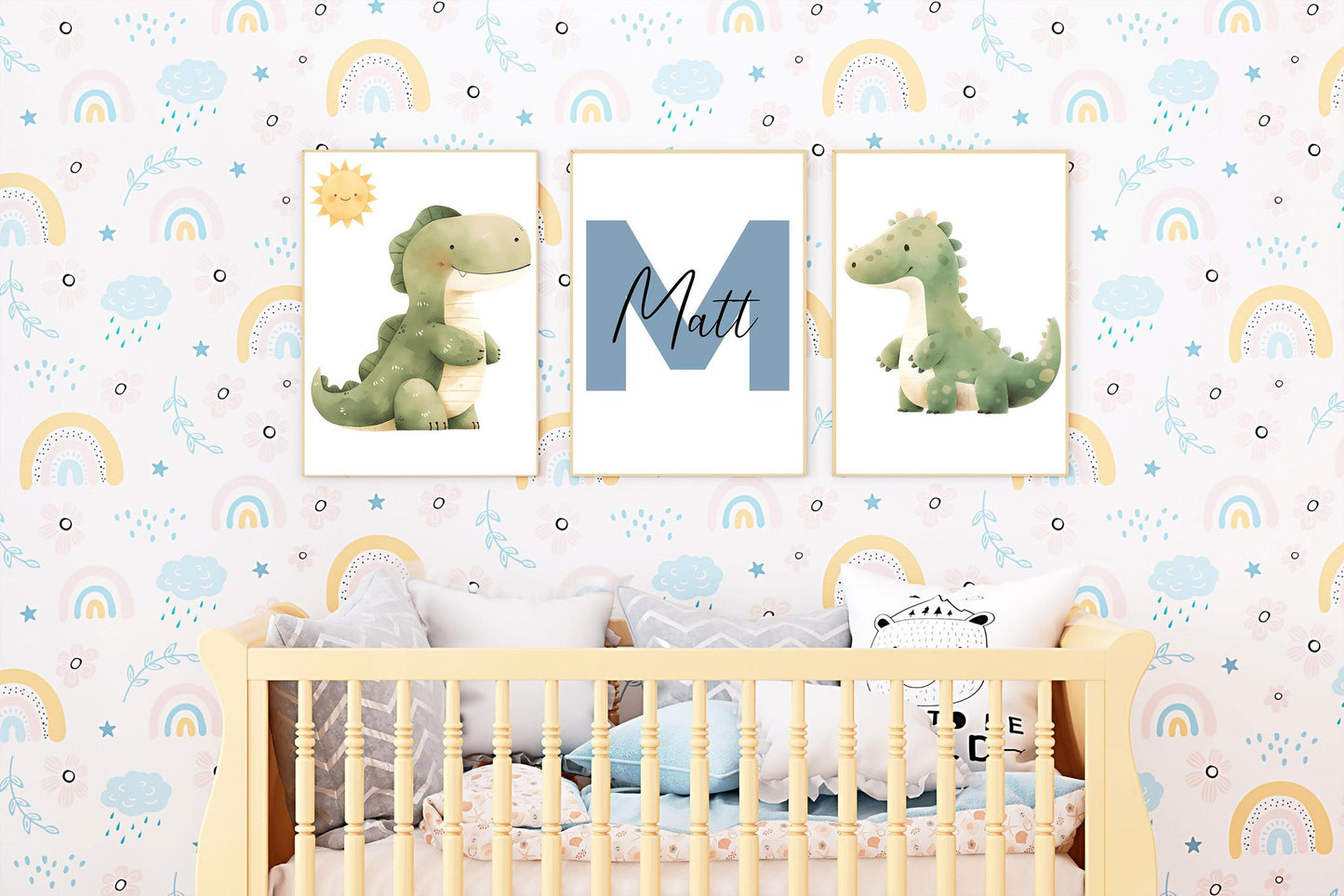 Personalized dinosaur nursery print set with cute green dinosaurs and a customizable name in modern brush font. Perfect for boys&#39; nursery decor, baby gifts, or dinosaur wall art.