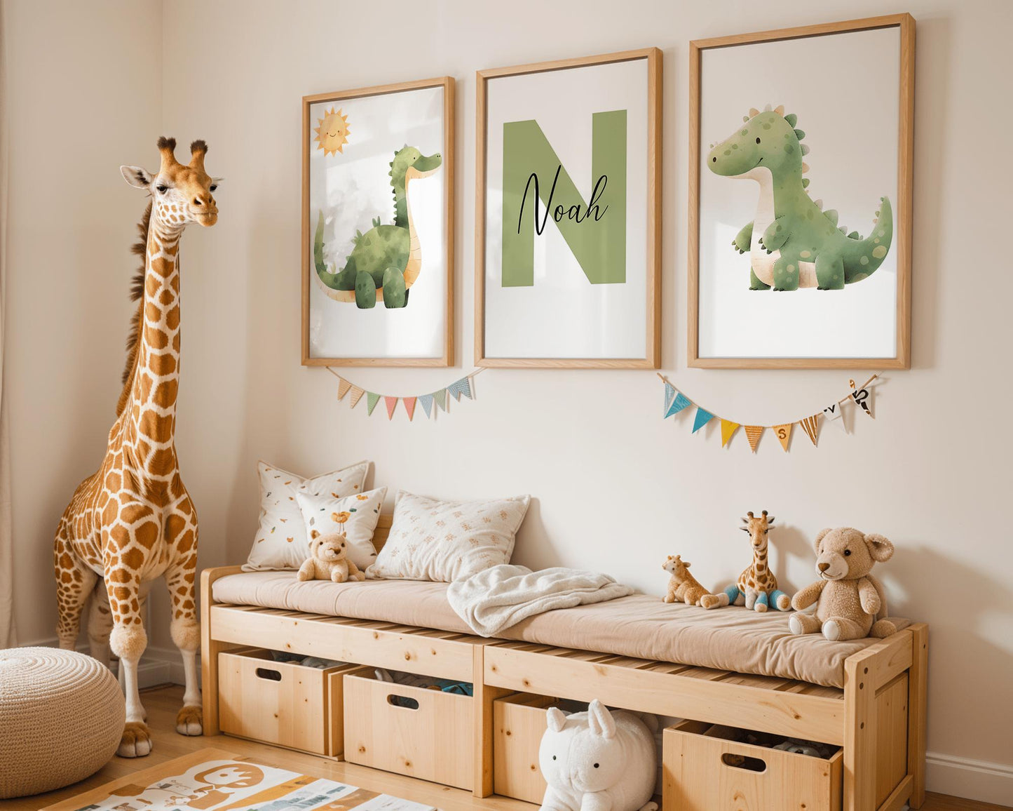 Custom dinosaur wall art set featuring watercolor-style dinosaurs and a personalized name initial. Ideal for boys&#39; dinosaur nursery themes and baby shower gifts.