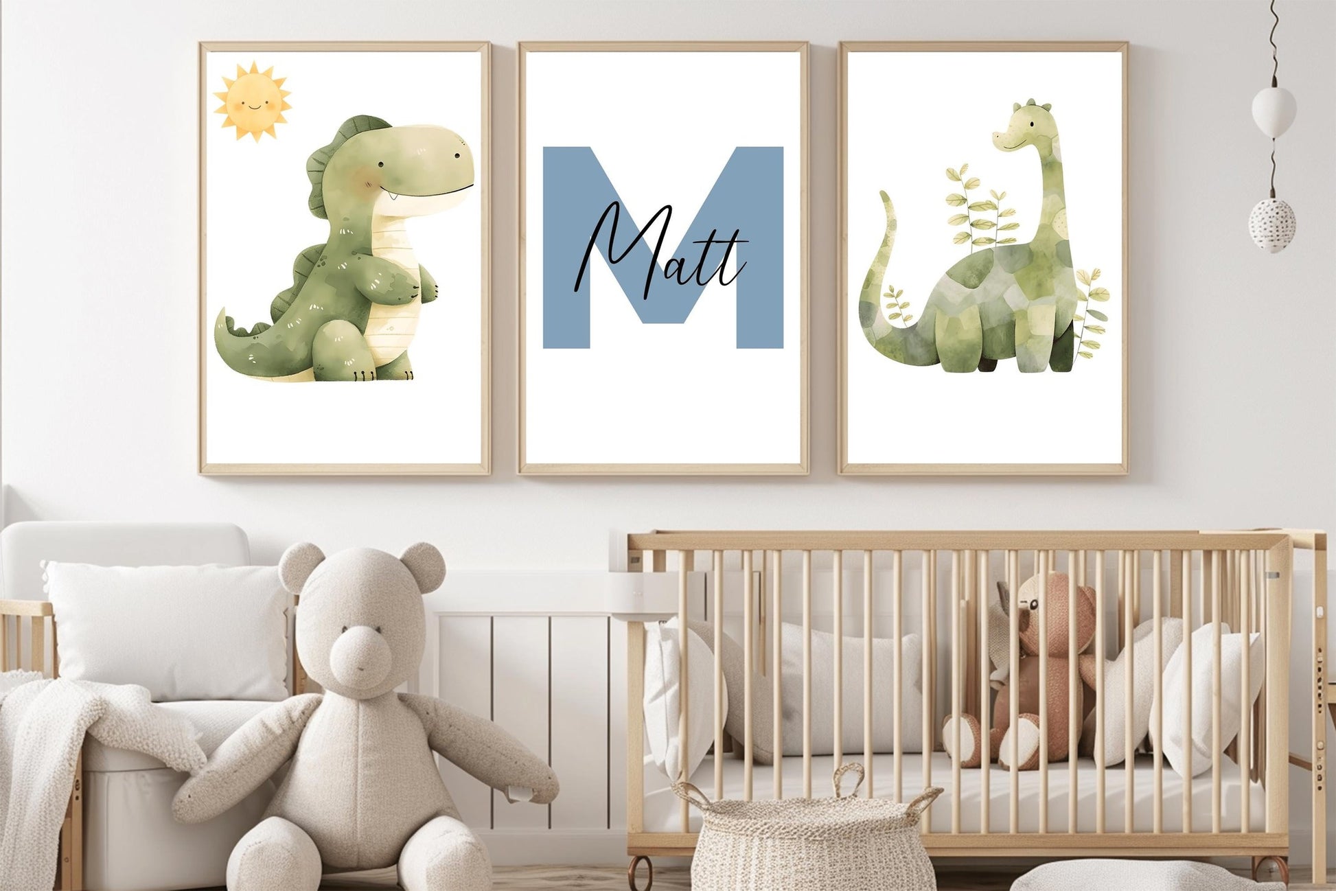 Dinosaur nursery art set with playful watercolor dinosaurs and personalized baby name print. Perfect for nursery decor or as a unique baby gift.