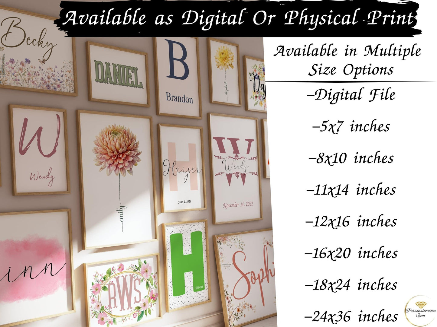 Display of custom name posters available as digital or physical prints in multiple sizes. Features floral and stylish designs, perfect for nursery decor or personalized baby gifts.