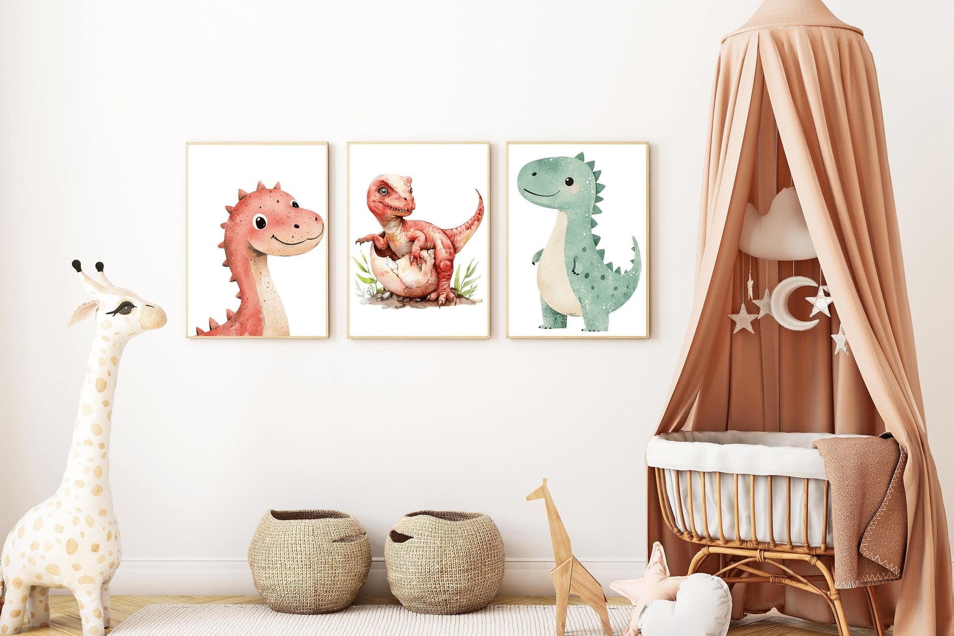 Dinosaur nursery prints with a cheerful blue dino with balloons, a yellow hatching dino, and a blue brontosaurus in a playful nursery setting.