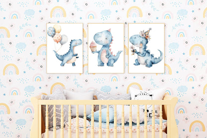 Blue dinosaur nursery prints featuring playful dinos with balloons and cupcakes, paired with floral accents for whimsical nursery decorations.