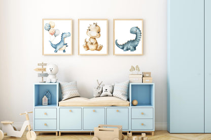 Dinosaur nursery art featuring a blue dino with balloons, a playful yellow dino, and a blue dino in a cozy nursery. Ideal for boys dinosaur print sets.