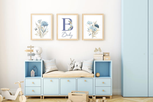 Playful nursery decor featuring a custom name print with blue floral accents, ideal for creating a serene and personalized nursery vibe.