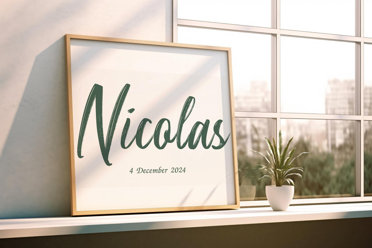 Framed baby name sign with the name Nicolas in a green brush font and birth date, placed on a windowsill with natural light and a small potted plant.