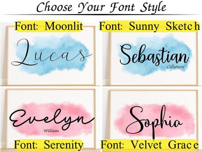 Font style options for custom name prints, featuring nursery name signs Lucas, Sebastian, Evelyn, and Sophia on watercolor backgrounds, ideal for personalized nursery decor.