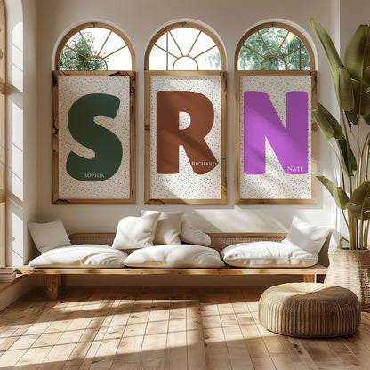 Large personalized initial name signs with dotted backgrounds for Sophia, Richard, and Nate in a modern nursery decor setting