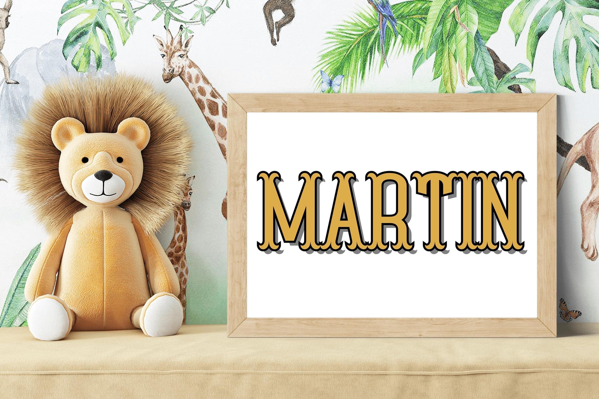 Yellow custom baby name sign in a jungle-themed nursery with a plush lion, adding warmth to baby nursery decor or as a custom baby gift.