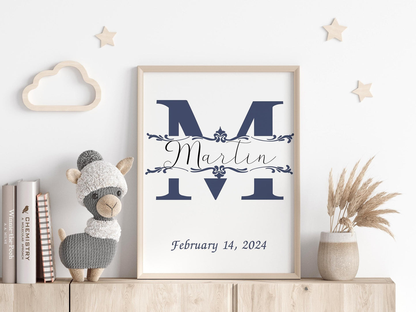 Custom baby name sign featuring a navy initial with playful nursery accents like a cloud, stars, and llama decor, ideal for custom nursery wall decor or baby gifts.