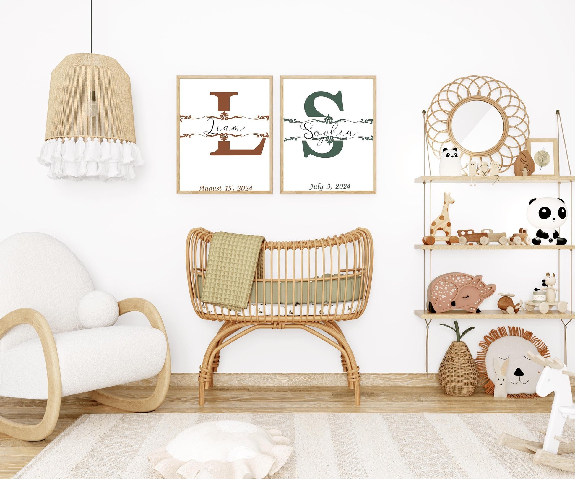 Set of two custom baby name signs displayed above a crib, styled with natural tones and whimsical decor, ideal for nursery wall art or custom name prints.