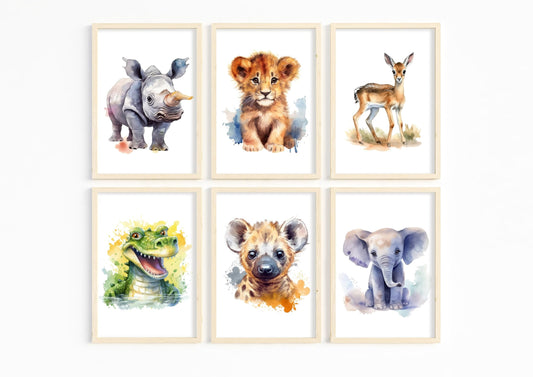 A collection of six safari nursery wall art prints featuring a rhino, lion, deer, alligator, hyena, and elephant. Perfect for animal nursery decor.