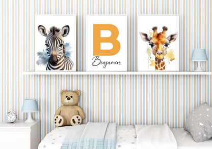 Personalized nursery wall prints with animal designs, featuring name initials and soft tones for a unique custom nursery decor.