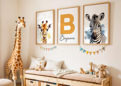 Custom name sign wall art with zebra and giraffe designs, suitable for a safari nursery or boys nursery, with multiple color options.