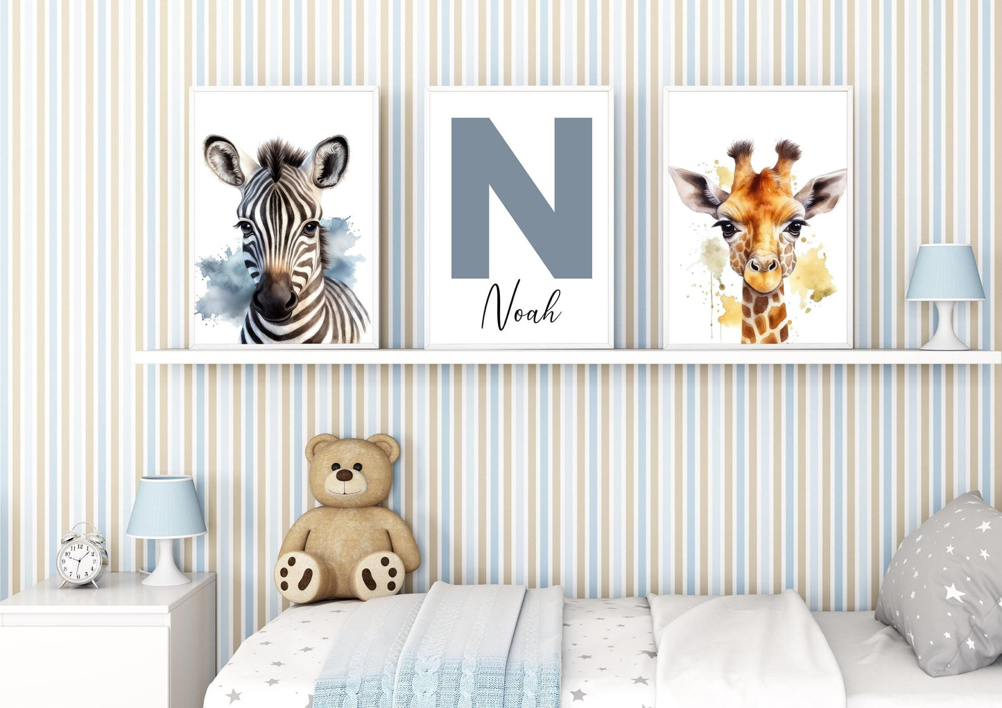 A personalized safari nursery name print featuring a zebra, customizable with name initials and color options for a unique animal nursery decor.