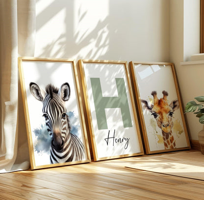 Elegant personalized animal nursery wall prints featuring giraffe and zebra designs, great for woodland nursery decorations or a thoughtful gift for new moms.