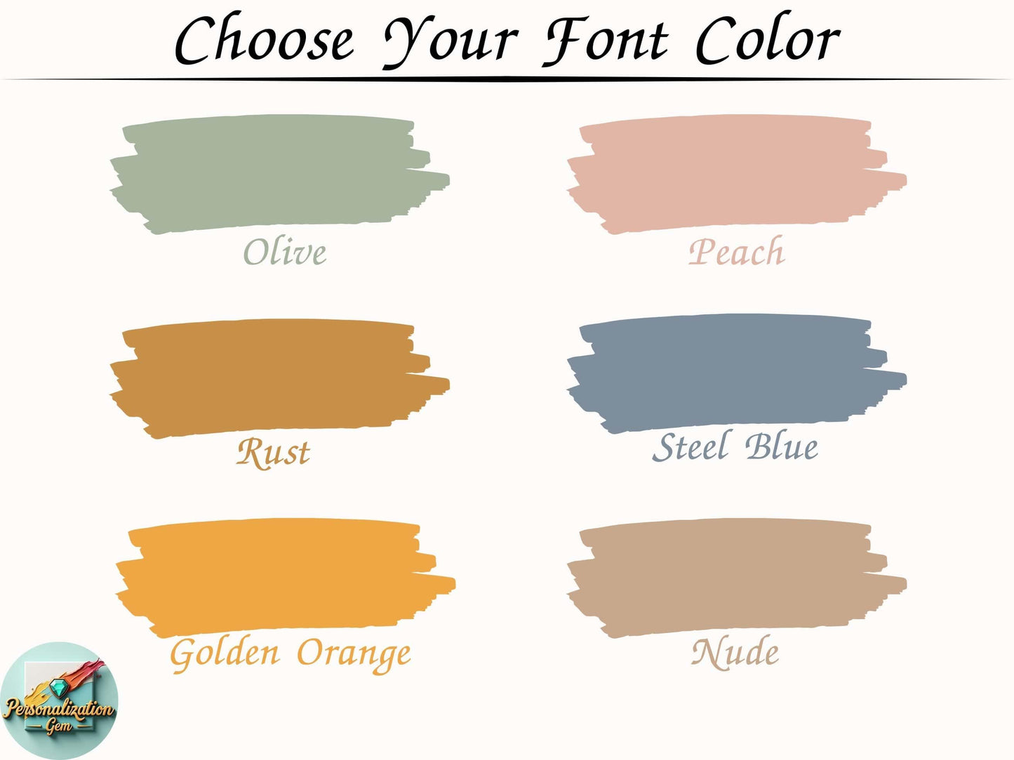 Choose your font color for personalized animal nursery wall art, available in olive, peach, rust, steel blue, golden orange, and nude, perfect for custom nursery decor or a baby shower gift.