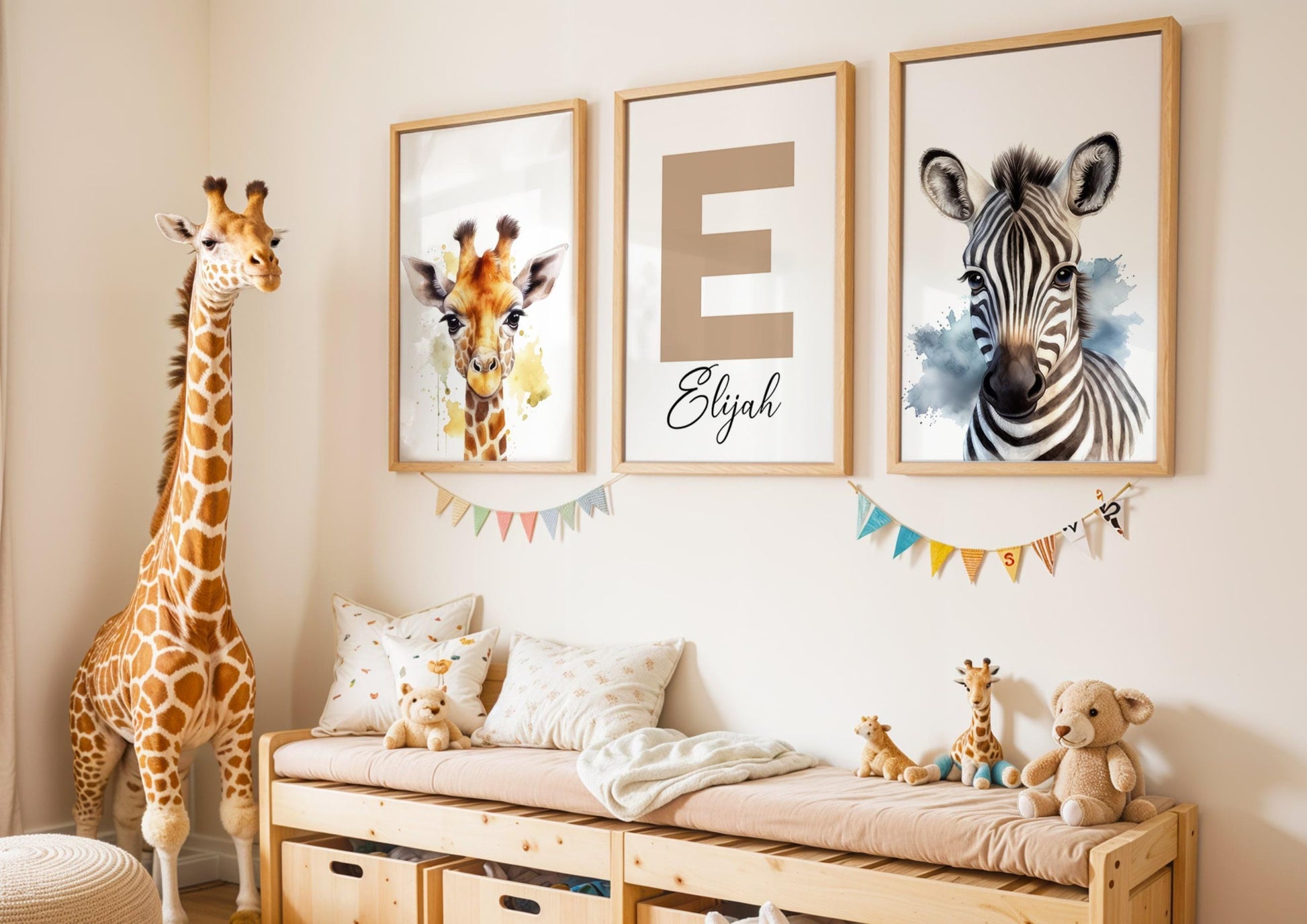 Custom animal nursery wall art set featuring a personalized name print, blending woodland nursery themes with unique design choices.