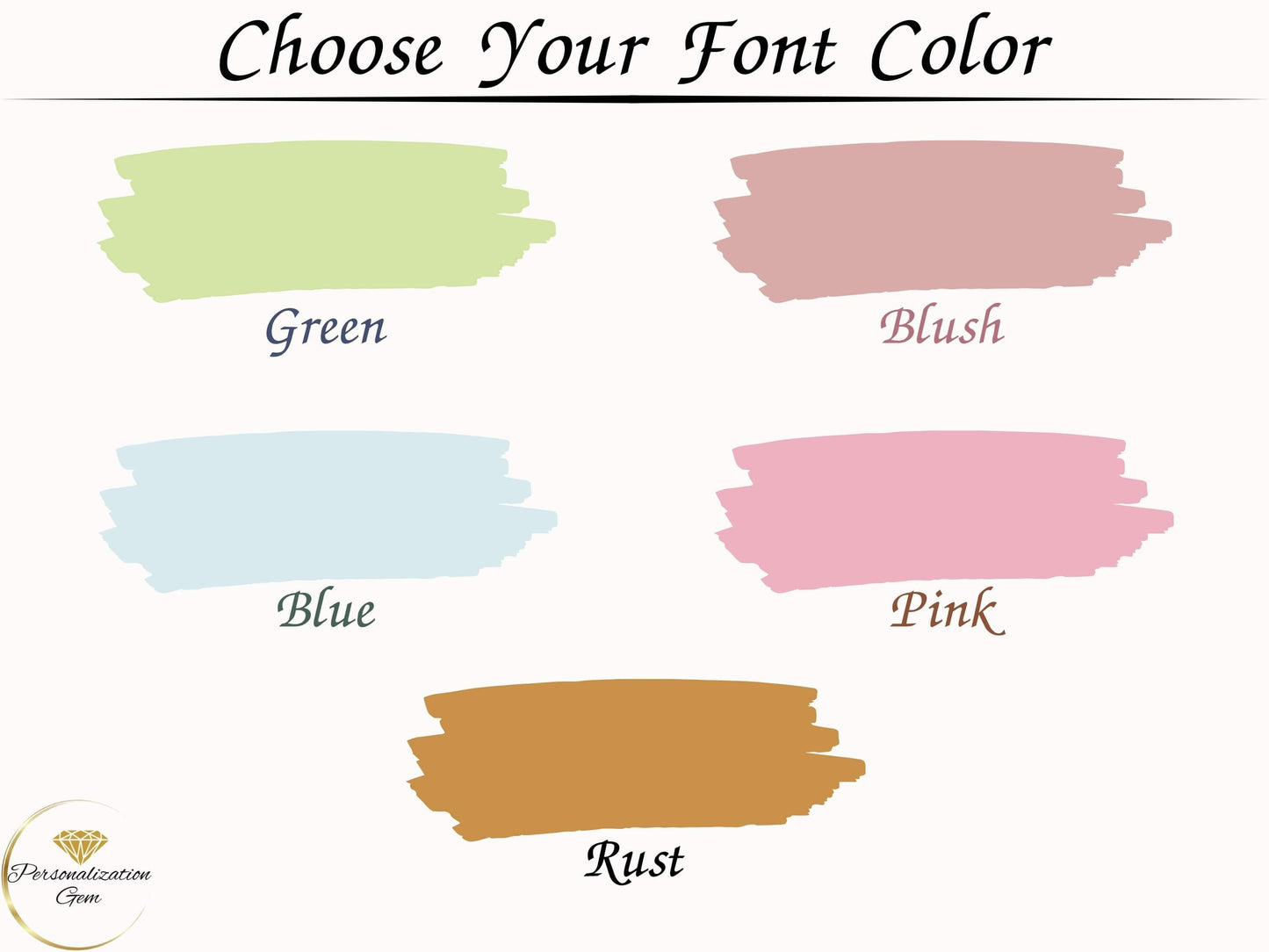 Font color options for custom name signs, featuring green, blush, blue, pink, and rust, designed to match various nursery or personalized decor styles.