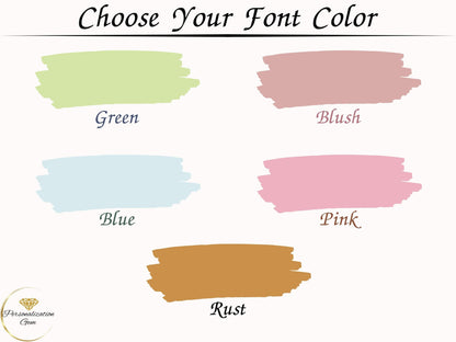 Font color options for custom name signs, featuring green, blush, blue, pink, and rust, designed to match various nursery or personalized decor styles.