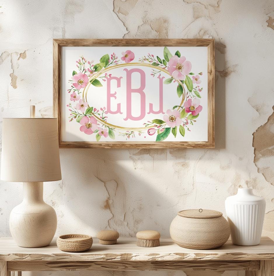 Elegant floral nursery wall art with initials in blush pink, adorned with soft pink and green wildflowers, perfect for personalized nursery or boho nursery decor.