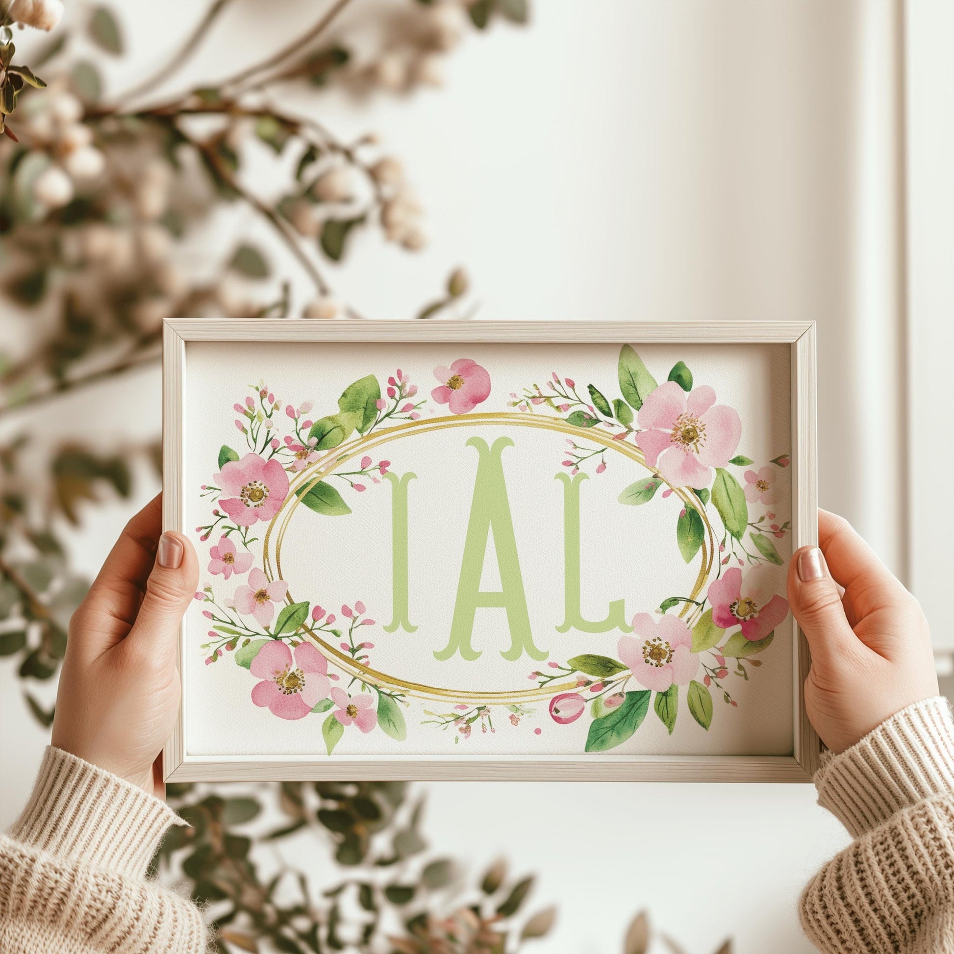 Hands holding a framed custom name sign featuring initials in green, surrounded by boho-style floral patterns, perfect for wildflower nursery themes or personalized gifts.