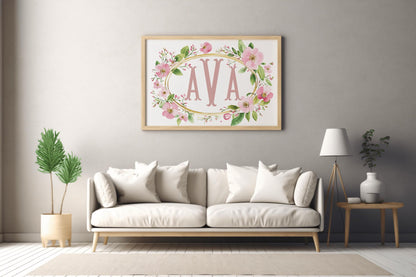 Large floral name sign featuring blush pink initials framed by vibrant wildflowers, displayed in a cozy living room, ideal for nursery decorations or as a custom baby gift.