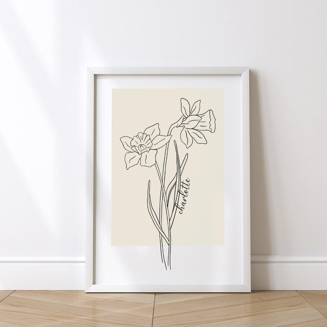 Elegant daffodil line art design, ideal for personalized wall art and custom gift for her for any occasion.