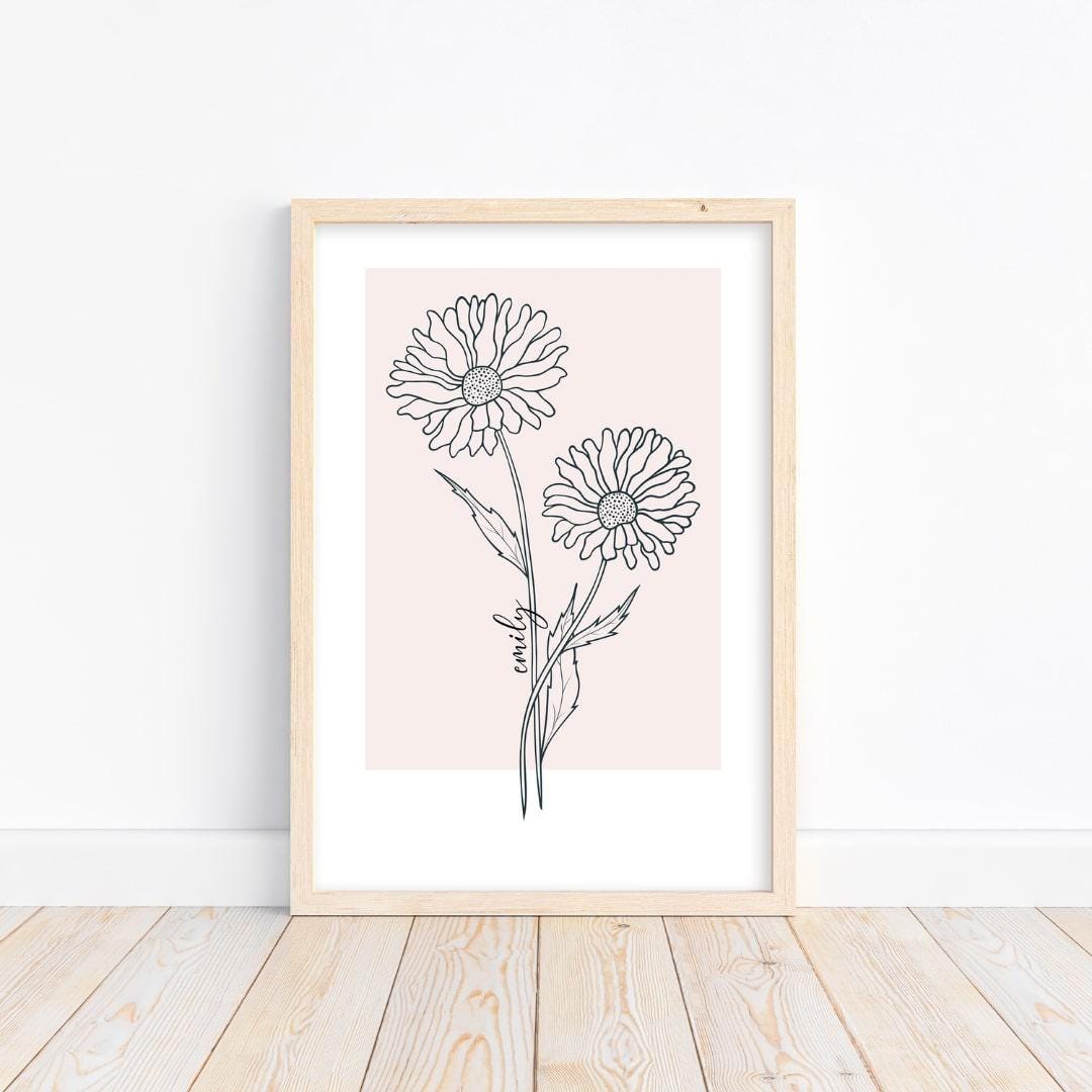 Minimalist daisy birth flower illustration with customizable background, perfect for a modern home decor or custom gift for her.