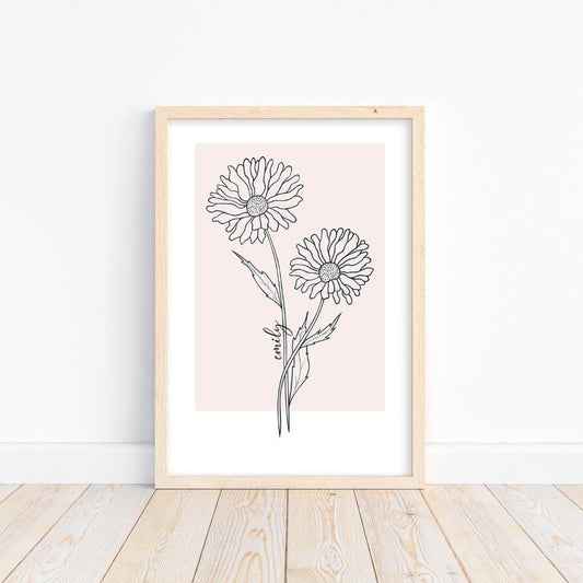 Minimalist daisy birth flower illustration with customizable background, perfect for a modern home decor or custom gift for her.