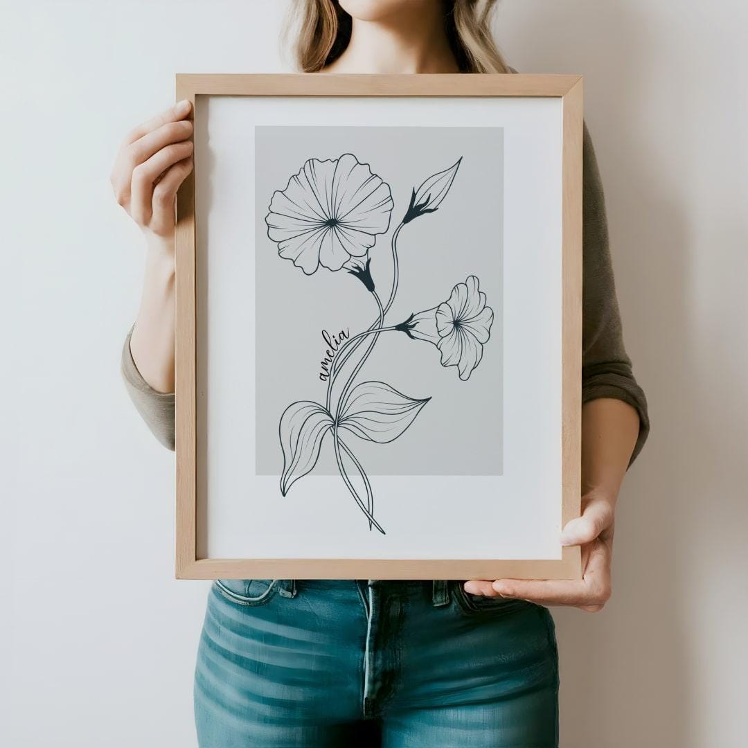 Delicate morning glory flower illustration, showcasing simple elegance in a personalized custom gift for her.