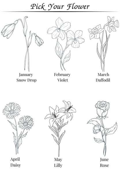 Overview of various birth flowers with sleek designs, perfect for choosing a personalized custom gift for her.