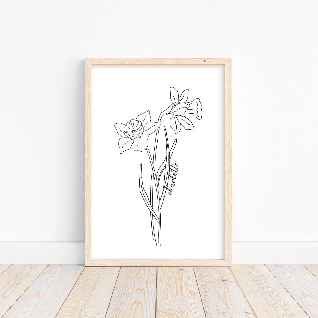 Minimalist daffodil birth flower art print elegantly personalized, an ideal custom gift for her that adds charm to any room decor.