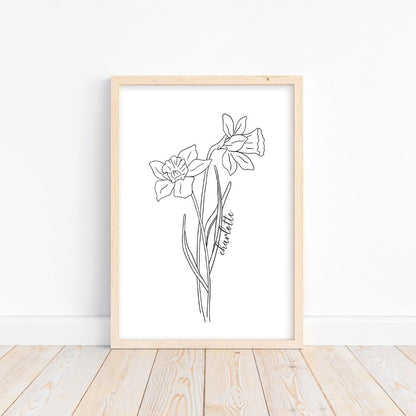 Minimalist daffodil birth flower art print elegantly personalized, an ideal custom gift for her that adds charm to any room decor.